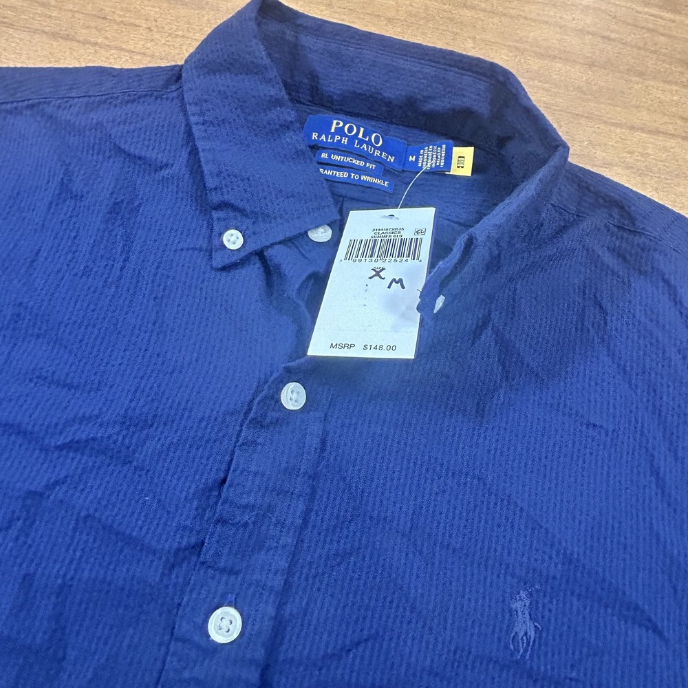 Polo Ralph Lauren Shirt Mens M Blue Untucked Short Sleeve Button Seersucker NWT